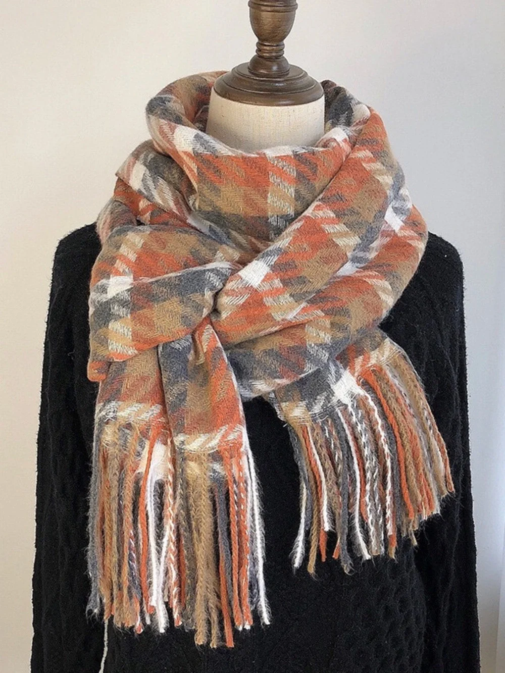 Classic Houndstooth Fringe Scarf in Brown and Gray